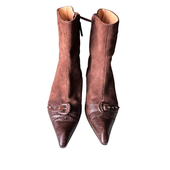 Chanel Brown Suede Kitten Heel Ankle Boot Snake Embossed Leather 38 Pointed Toe - Picture 1 of 16